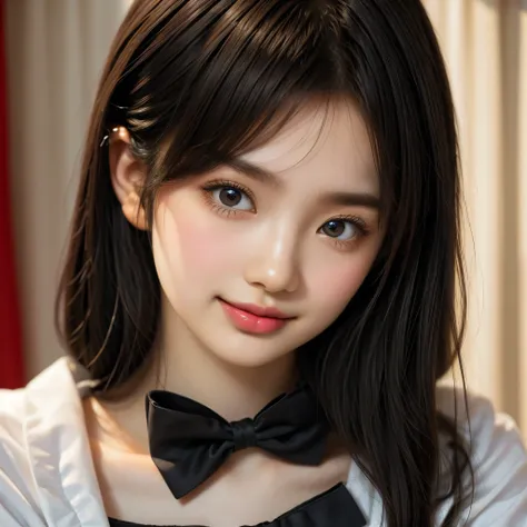 Best image quality, Focus, Soft light, Black hair, (Japanese)), (((Front, 15years old))), (Depth of field), Ultra high resolution, (Real: 1.4), RAW photo, ((maid costume)), smiling face,Beautiful busty, tall, fair skin, half Japanese, half Russian, always ...