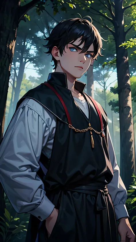 20-year-old boy, short, disheveled, black hair. Blue eyes. Defiant look, staring at the screen. Old medieval dirty clothes. Battle pose, surrounded by large trees, sinister atmosphere.