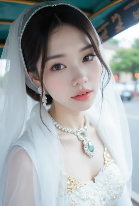 (Super detailed body, super detailed face, best quality: 1.2), beautiful Korean female model upper body, looking at the viewer, (wearing a translucent white silk headscarf, wearing a white embroidered gold thread Vietnamese women's gorgeous traditional dre...