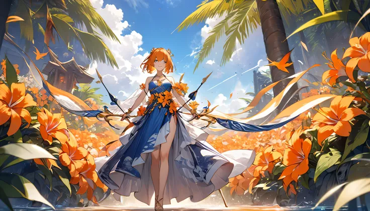 The background is an orange flower々Blooming in profusion, The sky is blue 々Clear sky,blue sky, wearing a long silky dress、A beautiful and pretty goddess ,Sagittarius goddess ,holding a huge bow and arrow with elaborate decorations in his hand、Hall々Standing...