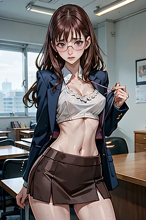 high definition of 22 years old, a glasses office lady with crop top and blazer standing on front desk with blushing on her cheeks, small breast with erect perky pointy nipple, wear a waist-skirt, bold bangs, brown hair, wavy