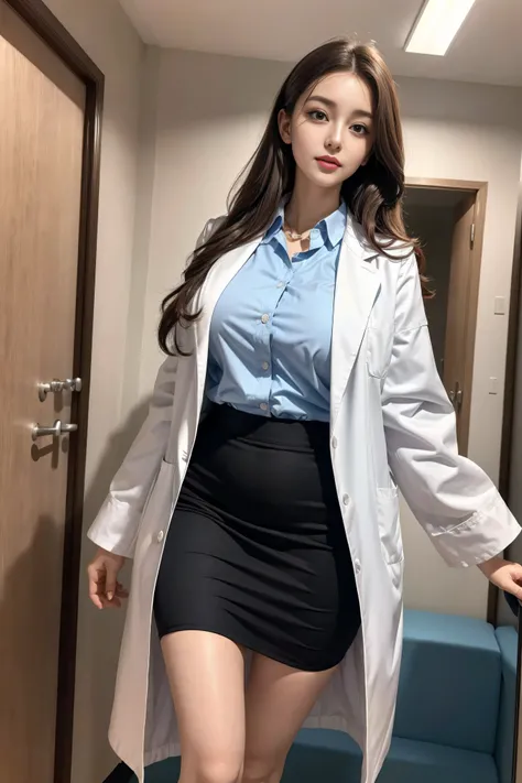  realistic beautiful doctors in the hospital、amazing beauty、Collared shirt、Wear the doctor's white coat outside,Stethoscope , (Top Quality、 8,000、32K、 masterpiece、nffsw:1.3), 2 girls， detailed face ，big blue eyes， brown curls ， sexy and plump red lips ， be...