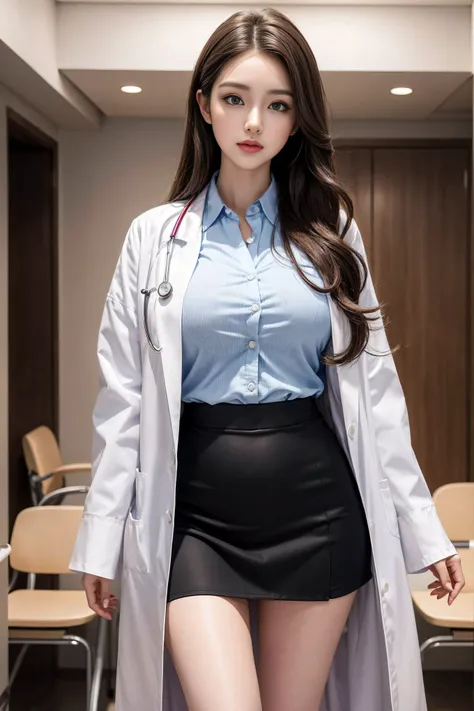  realistic beautiful doctors in the hospital、amazing beauty、Collared shirt、Wear the doctor's white coat outside,Stethoscope , (Top Quality、 8,000、32K、 masterpiece、nffsw:1.3), 2 girls， detailed face ，big blue eyes， brown curls ， sexy and plump red lips ， be...