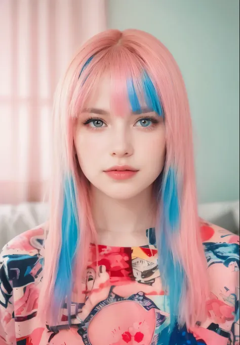 young woman with hair divided in vibrant colors: pink on top and blue on the bottom. She wears a modern and bold style, with loose strands and straight bangs. Her look is cheerful and she wears red lingerie with a vibrant print, which matches the young and...