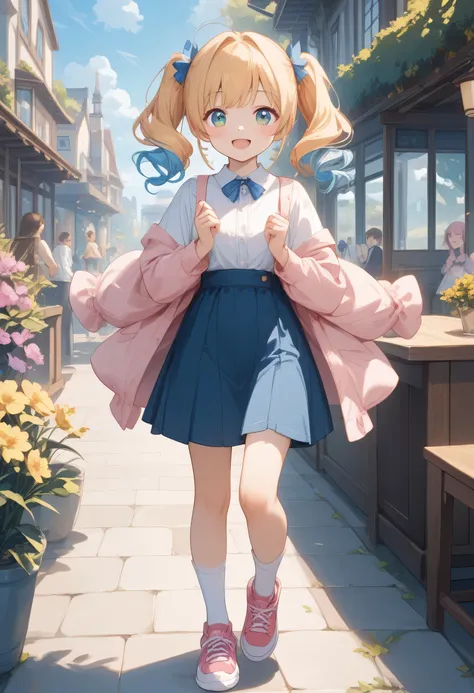 (masterpiece),(highest quality),(Super Detail),((best illustration、 touch wonderfully cute 女の子)),(Walking in the spring park、sneakers、Spring flowers、Cheerful Poses),( touch wonderfully cute ),Megumi Kato、 adorable cute girl rubbing her crotch against her d...