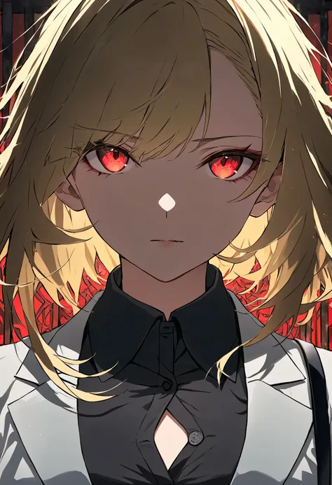 Female + blonde hair + red eyes + white blazer (unbuttoned) + black dress shirt + solo + mysterious gate background + face shot