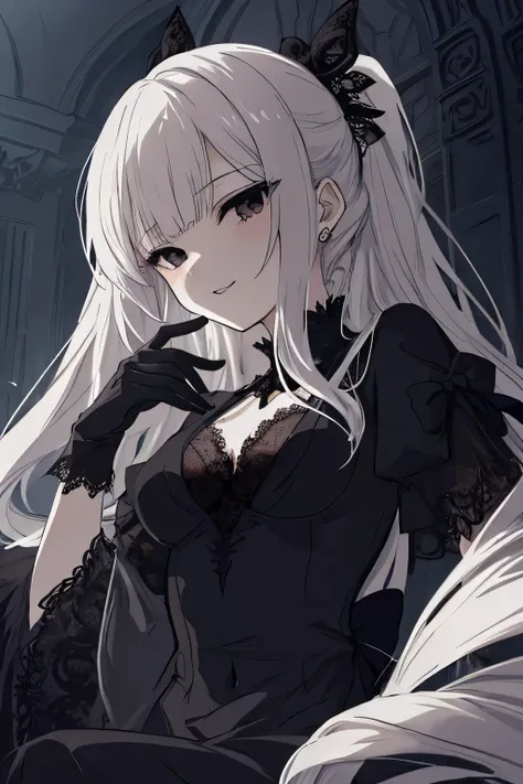 highly detailed anime-style illustration of a beautiful mature woman with long, silver hair,tied-back hairstyle, bangs, sharp eyes, smug expression, provocative pose, black lace dress, black gloves, gothic accessories, anime style, beautiful lighting, dark...