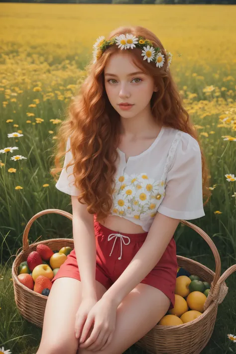 (girl:1.2),alone, (long ginger curly hair:1.1), brown eyes, Wearing a daisy wreath on your head, Sit in a daisy field, (fruit basket:1.1), blue shorts, red shirt,,raw,photographic,photo shadows,actual,Ridiculous,Aesthetic,elegant
