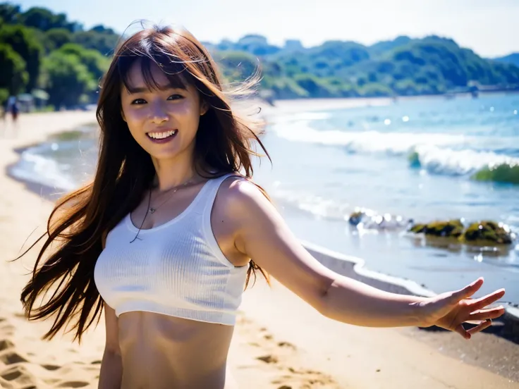 Beautiful, sexy body, happy smile, 25-year-old woman, summer coast, long hair fluttering in the wind