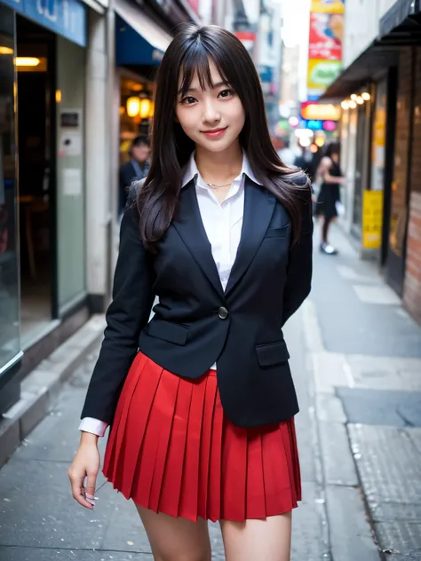 (Best quality, Masterpiece, Ultra High Resolution, (Photorealistic:1.4), Raw Photo, depth of field, professional lighting, perfect anatomy, extremely details), at street, 1girl, 15-years-old, the most famous Japanese idol, standing, looking at viewer, (inn...