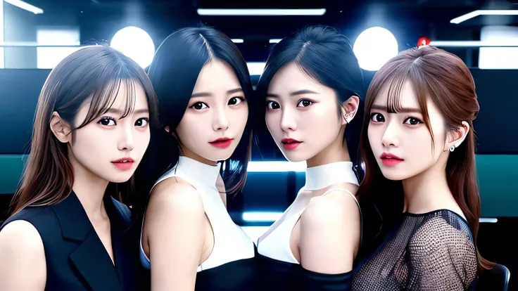 (masterpiece:1.2), (best quality:1.2), (photorealistic:1.2), gorgeous 4 Japanese female idols, beautiful faces, singing into microphones, revealing stylish business-inspired outfits, low-cut tops,  showing long legs, office setting with career timeline vis...