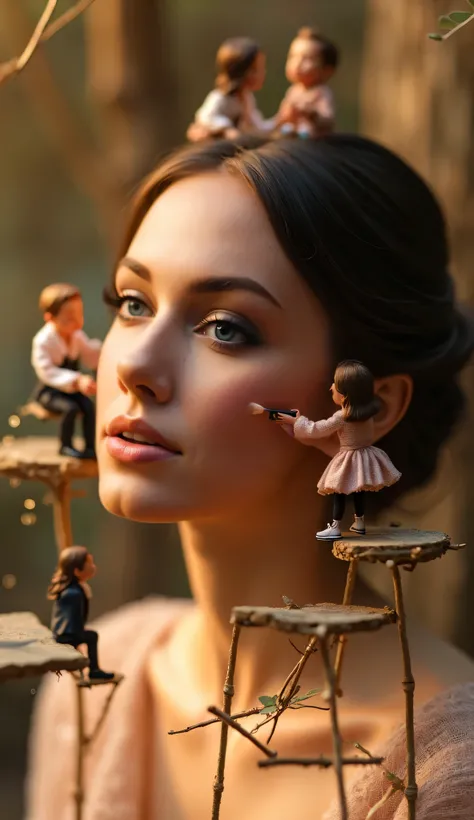 A mesmerizing and magical scene of tiny, skilled makeup artists working together to create the perfect glamorous look for a beautiful young woman with radiant skin and stunning eyes. The camera moves smoothly, revealing miniature beauty professionals, dres...