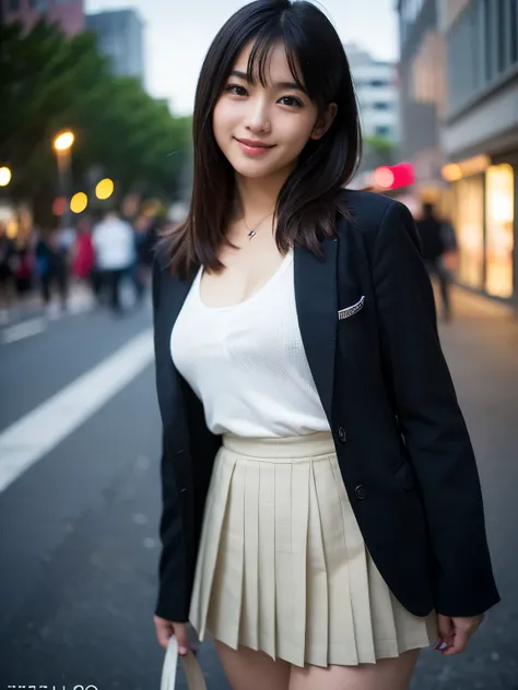 (Best quality, Masterpiece, Ultra High Resolution, (Photorealistic:1.4), Raw Photo, depth of field, professional lighting, perfect anatomy, extremely details), at street, 1girl, 15-years-old, the most famous Japanese idol, standing, looking at viewer, (inn...