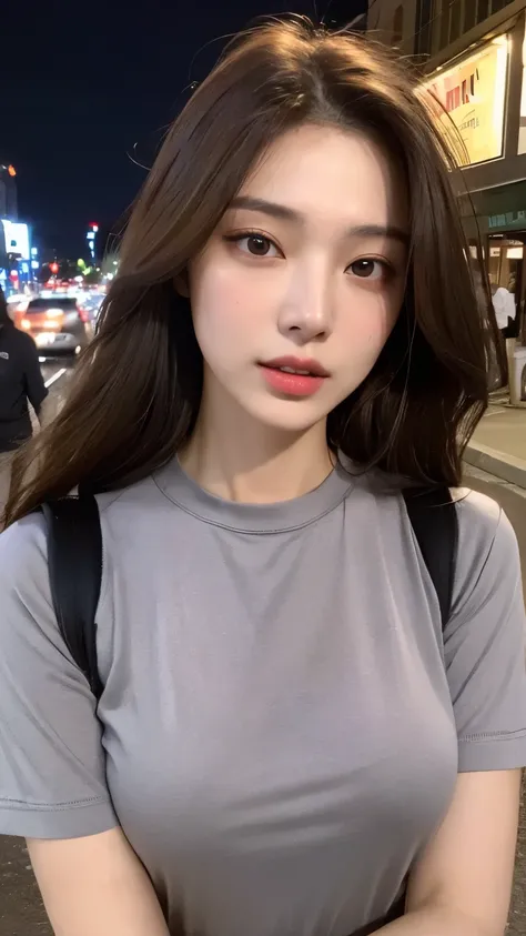 (Premium、High Resolution、masterpiece:1.3)、 Beautiful Woman 、 Slim Body 、Dark Brown Hair、t-shirt、(City night streets )、Highly delicate facial and skin texture、A Delicate Eye、 Double Eyelids、full bodyesbian