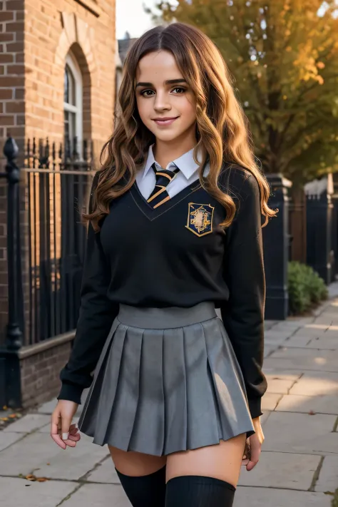 Gorgeous european woman with curly hair, bushy hair with bangs, thick hair, shoulder length hair, shiny hair, streaked blonde hair, seductive pose, Emma Watson in a school clothes, perfect breasts, (wearing long black Hogwarts cloke over school uniform wit...