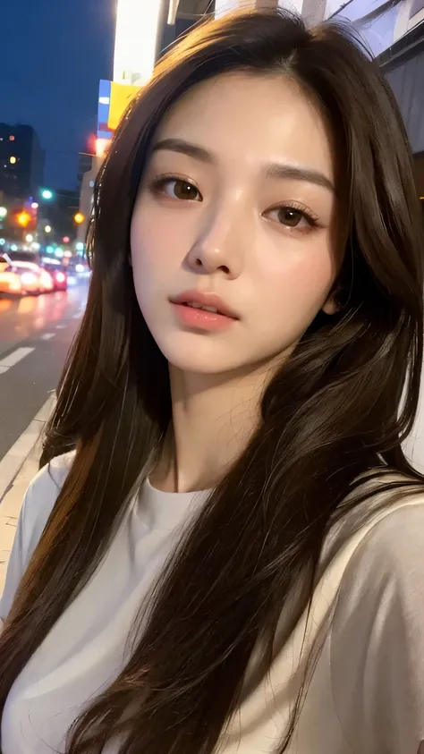 (Premium、High Resolution、masterpiece:1.3)、 Beautiful Woman 、 Slim Body 、Dark Brown Hair、t-shirt、(City night streets )、Highly delicate facial and skin texture、A Delicate Eye、 Double Eyelids、full bodyesbian