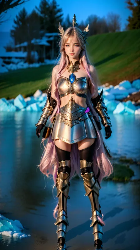 a close up of a person in a dress standing near a body of water, ornate bikini armor , in monster hunter armor , De Bravely Default II, Intricate fantasy , of armor, outrageous cuirass , the armor reflected in the silver color of the ice, Shallte...