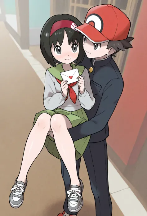 Erika_(pokemon), 1girl, solo, bob_cut, short_hair, black_hair, parted_bangs, hairband, red_hairband, grey_eyes, eyelashes, serafuku, miniskirt, pleated_skirt, skirt, shirt, green_skirt, red_neckerchief, neckerchief, sailor_collar, sailor_shirt, green_sailo...