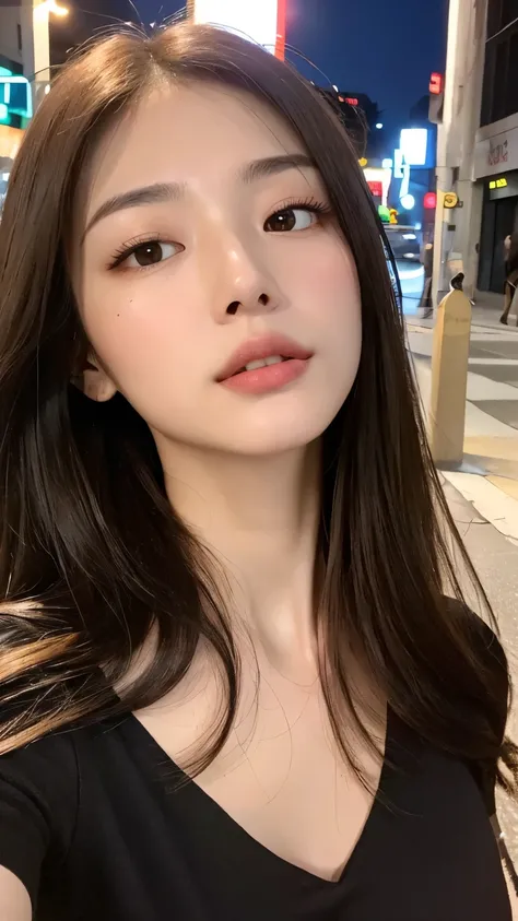 (Premium、High Resolution、masterpiece:1.3)、 Beautiful Woman 、 Slim Body 、Dark Brown Hair、t-shirt、(City night streets )、Highly delicate facial and skin texture、A Delicate Eye、 Double Eyelids、full bodyesbian