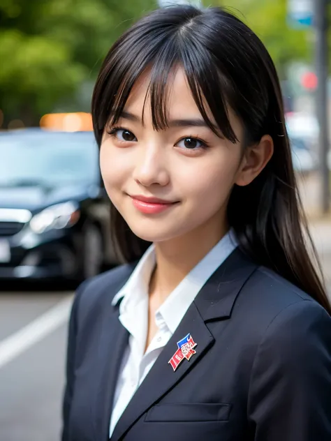 (Best quality, Masterpiece, Ultra High Resolution, (Photorealistic:1.4), Raw Photo, depth of field, professional lighting, perfect anatomy, extremely details), at street, 1girl, 15-years-old, the most famous Japanese idol, looking at viewer, (innocent smil...