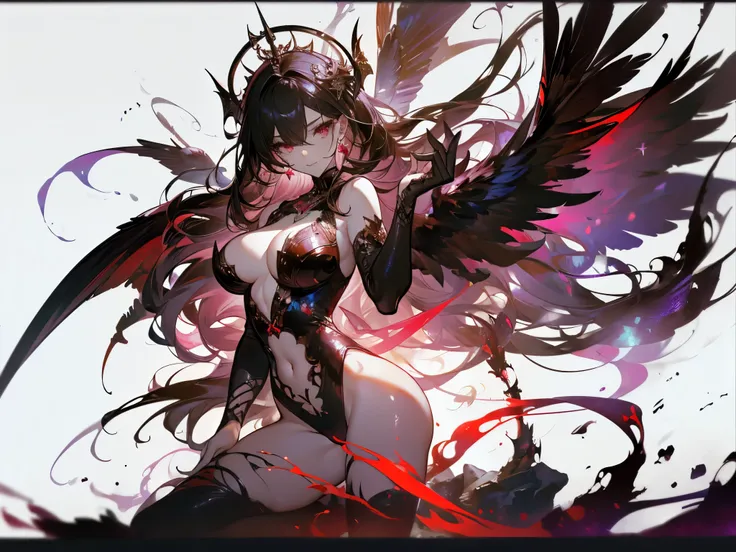 (( masterpiece，best quality))，full body，heaven and hell，Angels and Succubi，Wings of Steel， ink style，feather， detailed face ，full body，Perfect Body Ratio，sparkling eyes，sexy，Tattoo，Extremely beautiful，transparent