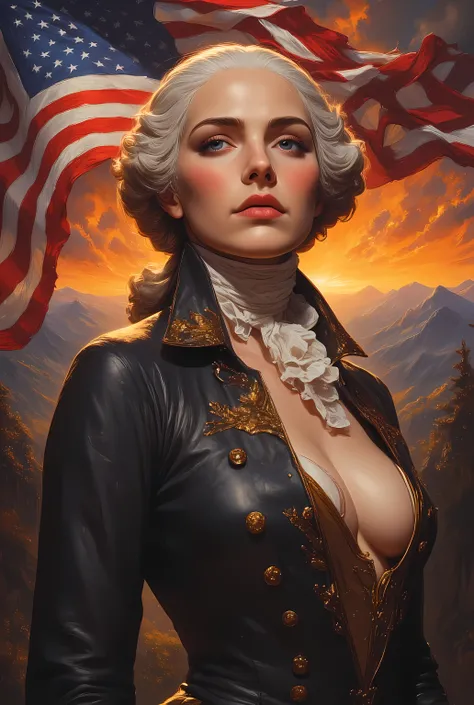 photorealistic portrait mid-shot, low-angle, backlight, rose-mcgowan as a sexy george-washington, cleavage, oil-painting, american-flag, patriotism, sunset, mountains, trees, confident expression, heroic-pose,,                                              ...