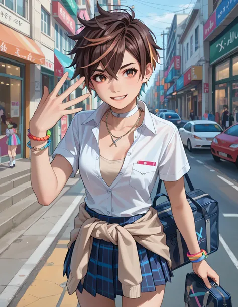 (((tomboy))),,(((dark brown hair, very short hair))),(uniform:1.3), (plain beige clothing around waist:1.5), (tied at waist:1.3), (white collared shirt:1.4), ((white collar, unbuttoned short sleeves):1.2), (blue and grey checked pleated skirt:1.3), ((neckl...