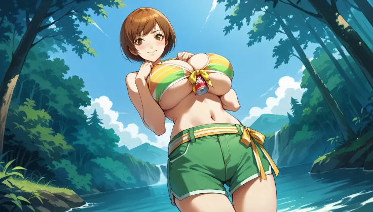 score_9, score_8_up, source_anime
1 girl, solo, cute face,
p4chie, satonaka chie, short hair, brown hair,
p4chie-swim, swimsuit, bikini top only, striped bikini top, shorts, green shorts, ribbon belt, yellow belt, midriff, thighs,
outdoors, forest, river, ...