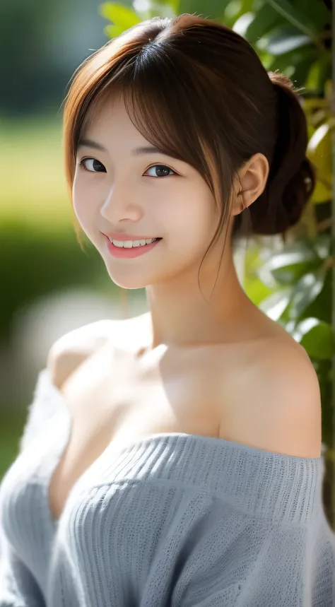 masterpiece,best quality,(Japanese girl),((Beautiful girl)),cleavage,(off shoulder:1.2),(perfect body beauty:1.2),(shy smile),From slightly above