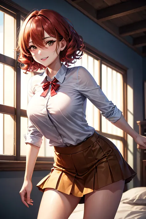 masterpiece, high quality, female, thirties,(elegant), natural beauty,(((hairs between eyes)))) red (perm short hair), soft lighting,((( brown eyes))),smile,mini-skirt,standing,indoor,(tits),Pastel-colored blouse and flared skirt for easy movement