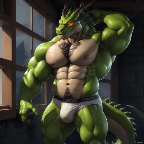 solo, 4k, hd, (ultra detailed), a beautiful and detailed full size portrait of a male (muscle, naked body, pink nipples, buff, bulky, abs, big body, daddy, chest hair, massive pecs, muscular, b), anthro dragon shenron, shenlong, scalie, eastern dragon, chi...