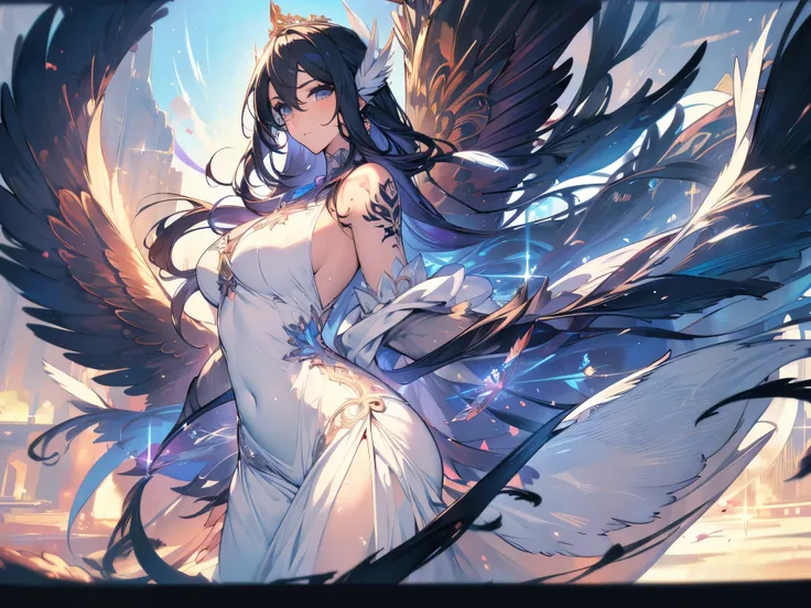 (( masterpiece，best quality))，full body，Heaven，Angel，Wings of Steel， ink style，feather， detailed face ，full body，Perfect Body Ratio，sparkling eyes，sexy，Tattoo，Extremely beautiful，transparent