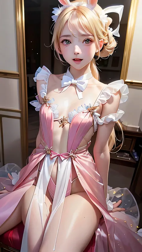 ((Upper Body)) ,((Upper Body head close-up shot of a beautiful )), , Elegant Long straight blonde hair, (Mckenna Grace), ((flat chest, svelte thighs, Auto-luminescence skin)), (white) golden (Ultra glittering transparent tutu,long Bunny Ear Headgear, , Bow...