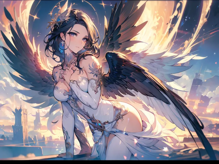 (( masterpiece，best quality))，full body，Heaven，Angel，Wings of Steel， ink style，feather， detailed face ，full body，Perfect Body Ratio，sparkling eyes，sexy，Tattoo，Extremely beautiful，transparent