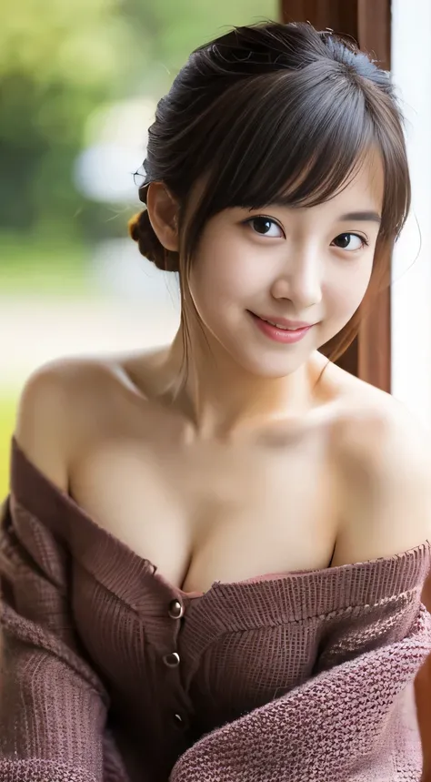 masterpiece,best quality,(Japanese girl),((Beautiful girl)),cleavage,(off shoulder:1.2),(perfect body beauty:1.2),(shy smile),From slightly above