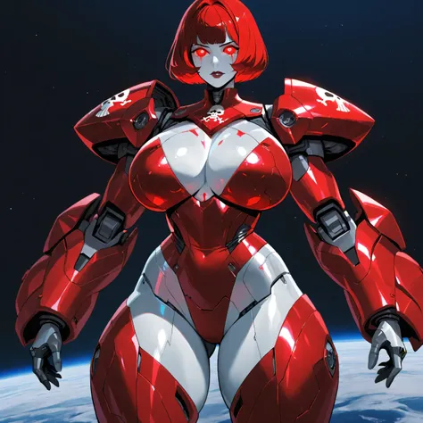 Mathilda, Robotic White skinned woman, Bob cut Bright Red Hair, Large Breast, Voluptuous Build, wide hipped, thick thighs, wearing a Red High Tech Armor, Black Jolly Roger Symbol on Her Chest, iridescent Red glowing glass eyes, standing on Space Dock