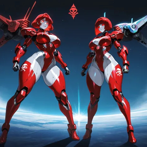 Mathilda, Robotic White skinned woman, Bob cut Bright Red Hair, Large Breast, Voluptuous Build, wide hipped, thick thighs, wearing a Red High Tech Armor, Black Jolly Roger Symbol on Her Chest, iridescent Red glowing glass eyes, standing on Space Dock