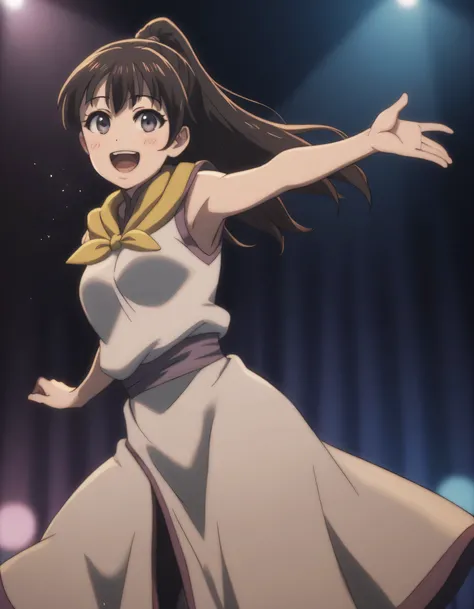 score_9,  score_8_up, score_7_up, gsfghtr, multicolored robe, neckerchief, ((open mouth)), smile, happy, 1girl,solo,blush,dancing,stage , sleeveless