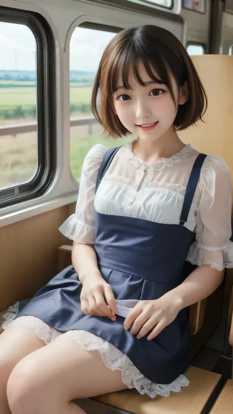 ((highest quality)), ((masterpiece)), realistic images、a Japanese girl、 realistic image of the eye area 、Petite、 ish expression、、10age、bob hair、 black hair、 Slim、 ish expression、Real Face、Petite、yellow Lolita fashion clothes、lace socks、Red Shoes、Two People...