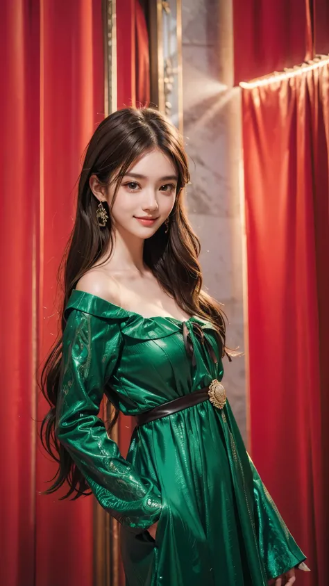 Ultra HD 4K, detailed skin,detailed face,Brown Long Permed Hair,Green One Piece Dress,Smile,