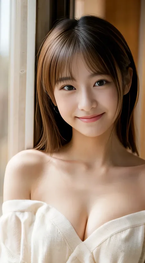 masterpiece,best quality,(Japanese girl),((Beautiful girl)),cleavage,(off shoulder:1.2),(perfect body beauty:1.2),(shy smile),From slightly above