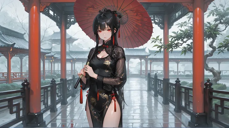Rainy Day, A Chinese woman with a sad expression, Wearing black embroidered cheongsam, Holding an oil-paper umbrella, Standing in a Chinese garden, masterpiece, high quality, high res, anatomically correct, 8k