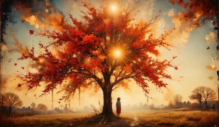 Ethereal fantasy artwork of a large red-leaved tree bathed in amber sunlight, its illuminated foliage appearing to dissolve into swirling golden particles carried by the wind. A contemplative female figure with windswept hair stands silhouetted against an ...