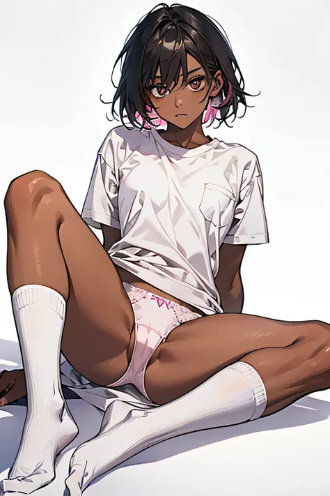 One super beautiful young woman， dark skin:1.5,white shirt，pink panties， white socks， Show white socks to viewers