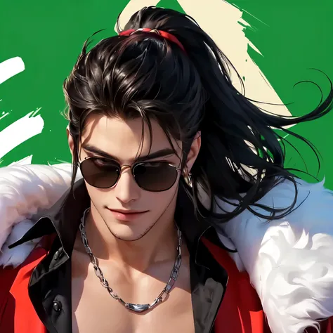  handsome male ，wearing a black high ponytail，Men have long hair，Ruffian，wearing a big v-neck black shirt on the inside，Leaks out most of the chest muscles，Wearing a red suit on the outside, a long jacket with a white maxi fur collar，Pirates，On board。looks...