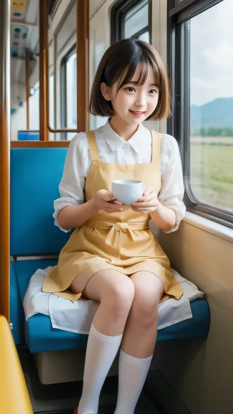 ((highest quality)), ((masterpiece)), realistic images、a Japanese girl、 realistic image of the eye area 、Petite、 ish expression、、10age、bob hair、 black hair、 Slim、 ish expression、Real Face、Petite、yellow Lolita fashion clothes、lace socks、Red Shoes、Two People...