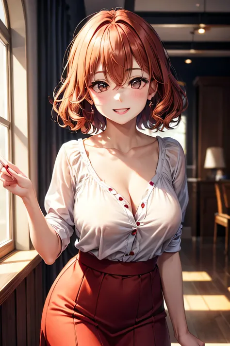 masterpiece, high quality, female, thirties,(elegant), natural beauty,(((hairs between eyes)))) red (perm short hair), soft lighting,((( brown eyes))),standing,indoor,((tits)),indoor,Pastel-colored blouse and flared skirt for easy movement,smile