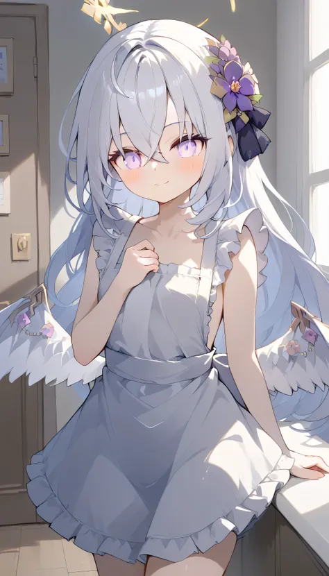 Azusa (blue archive),purple eyes,white hair,long hair,Wings,hair flower,halo, Alone,  showing eyebrows from inside the hair , hair between their eyes,  viewers, masterpiece, highest quality, naked white apron,frills,　indoors　entrance　corridor　is embarrassi...