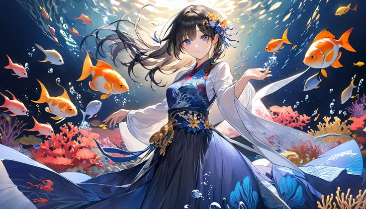 ((Make the background bigger:1.3)),((upper body:1.1)),(Above the waist), (1 girl), (standing) (black hair:1.2), Background、A soft beam of light filtering in from the surface of the water envelops the entire scene in a mysterious glow in the underwater worl...