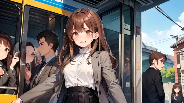 SFW、 station platform、Outdoors、 Tram、(((one girl with teary eyes and dislikes、teeth、dislike、Depiction of uncomfortable feelings、Disgusting action )))、((( Brown Hair、brown eyes、semi-long hair、gray tailored jacket、white blouse、black tight skirt、upper body)))...